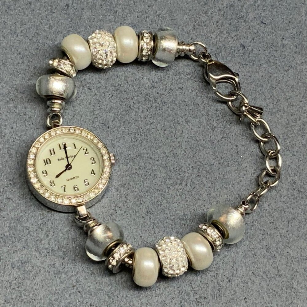 Bella Perlina Ladies Watch7.5 In Rhinestone Pearl Frosty Slider Beads Chain Glam